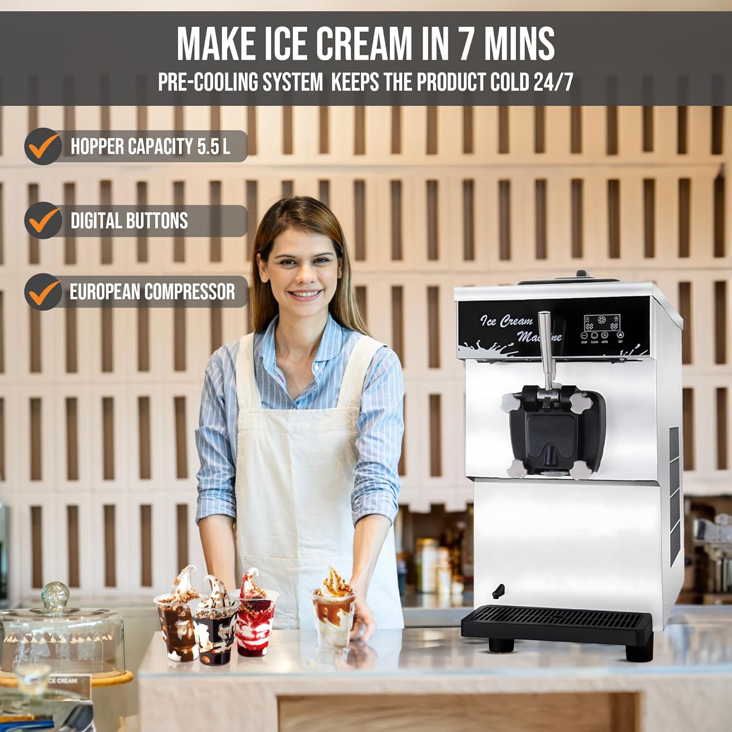 Commercial Soft Serve Ice Cream Machine ? 16L/h Output, 1500W, LED Display - Image 5