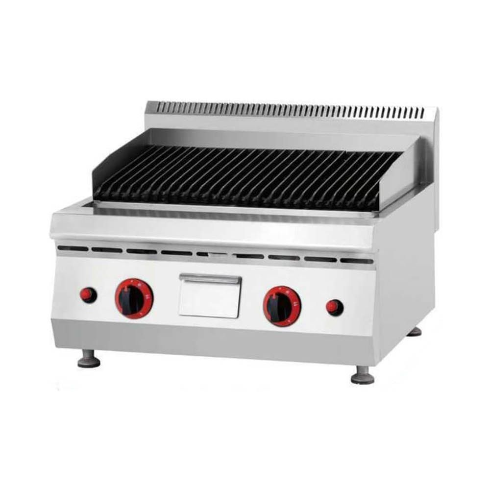 Commercial Table Top Gas Lava Rock Grill with Dual Burners & Stainless Steel Drip Pan - 50-300°C